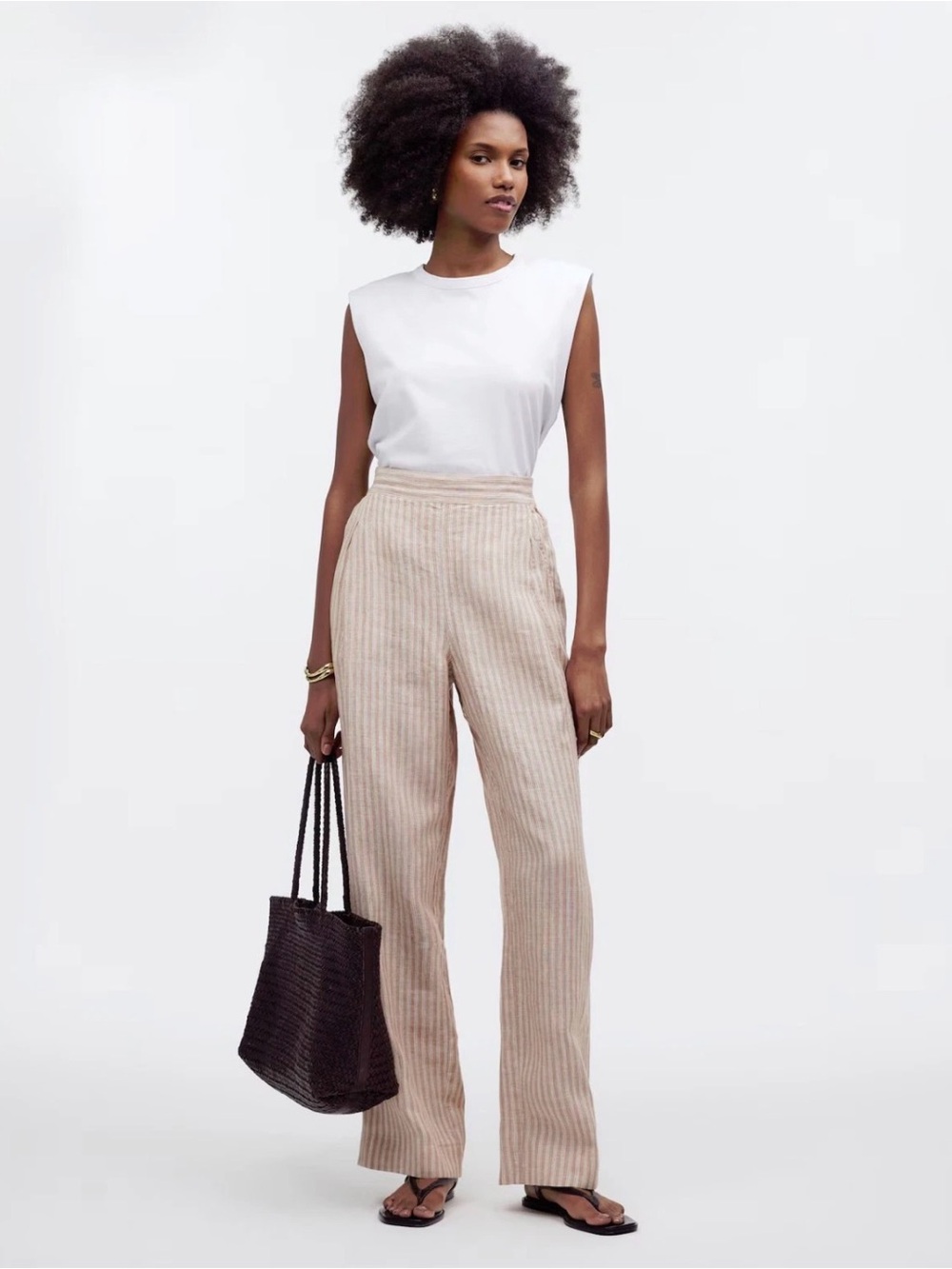Madewell Linen Pull-On Straight Crop Pant In Miso Stripe Size: 2